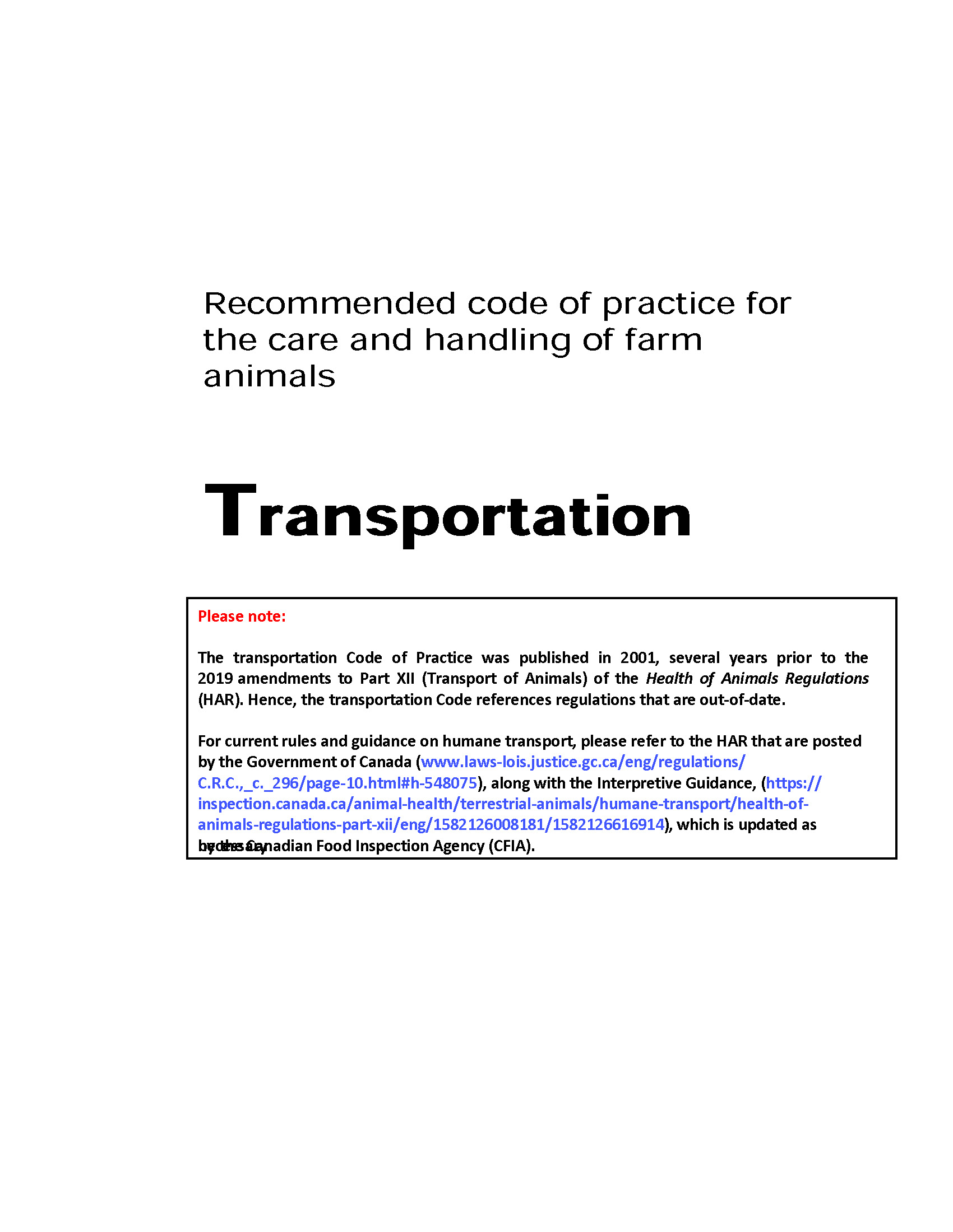 Codes of Practice for the care and handling of farm animals - transportation
